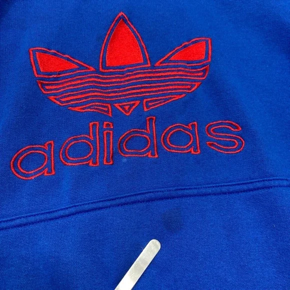 Vintage Adidas Trefoil Hoodie Mens Large Blue Red Embroidered Pullover READ - Picture 2 of 11